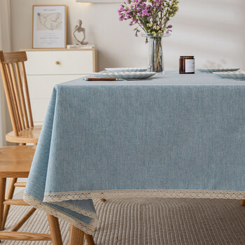 Cotton and linen tablecloth rectangular high-end light luxury style solid color tablecloth cotton and linen high-end waterproof and oil-proof no-wash light blue (lace edge) 140*200cm