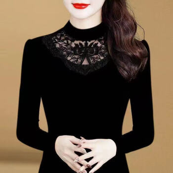 Shengran (shengran) spring, autumn and winter fashionable warm lace mesh bottoming shirt women's western style long sleeve large casual top t-shirt size 223%23 solid color spring and autumn style 2xl 115-130 jin