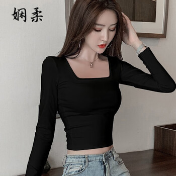 Xianrou black short top for women square neck long sleeve tight sexy t-shirt navel exposed slim high waist bottoming shirt for women black square short m