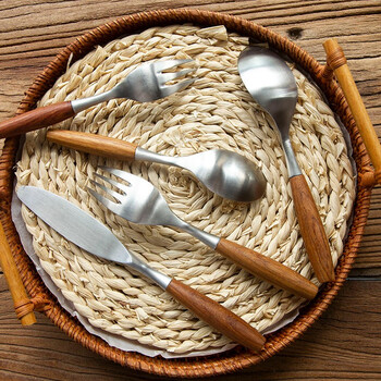 Japanese style four seasons retro rosewood handle spoon 304 stainless steel spoon western tableware steak knife and fork spoon dessert spoon fork 5-piece set of retro rosewood handle western tableware style 1 each