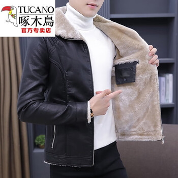 Woodpecker (tucano) leather jacket men's 2025 new slim lapel thickened velvet leather jacket warm cotton jacket anti-cold winter wear trend black yellow hair m