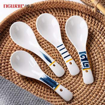 Newair 4-pack japanese-style ceramic spoons for home use, soup spoons, ramen small spoons, cute spoons, creative long handles, one in each of four colors, no specifications