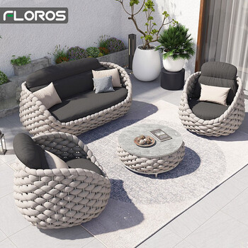 Floris outdoor sofa courtyard villa balcony rattan chair furniture outdoor sun room waterproof sun protection rattan rope leisure furniture single*2+three people+coffee table light gray
