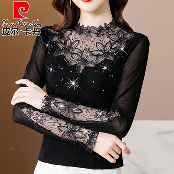 Pierre cardin lace bottoming shirt for women with velvet, fashionable and stylish autumn and winter 2026 new style small shirt, fashionable and beautiful mesh sexy top, black m (90-100 pounds)