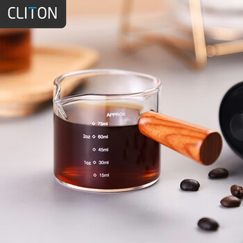 Cliton japanese-style wooden handle glass milk cup heat-resistant cup pull flower cup with scale milk foam double mouth small milk bottle 75ml