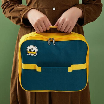 Jinhao aluminum foil double handle rice pocket flat lunch box handbag lunch bag with rice insulated bag rice packaging for primary school students double handle - square bear blue (small size)