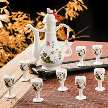 Ceramic wine set, antique flask, household white wine cup, chinese creative wine divider, antique goblet, small wine cup, lotus pond refreshing 9-piece set, goblet