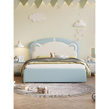 Modern simple small apartment children teenager girls princess cream style bedroom boy single cartoon leather bed bed + 20cm lavender latex three-proof mattress + 2 beds 1800mm*2000mm without