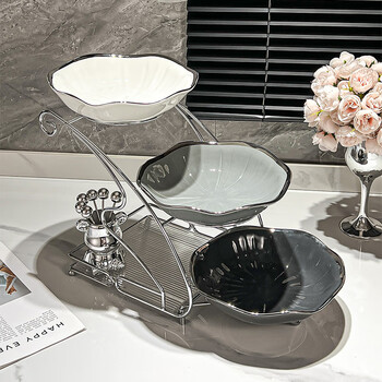 Zhengye light luxury ceramic fruit plate living room coffee table dried fruit plate home fruit plate front desk dessert plate cake snack snack plate lotus leaf three-layer fruit plate + bear fruit fork set