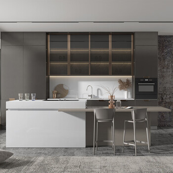 Zhibang integrated kitchen cabinets customized kitchen quartz stone countertops pet skin-friendly material cabinets integrated stove cabinets meteor shower