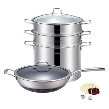 Momscook stainless steel pot set 28cm steamer wok spoon spatula set tzs-14