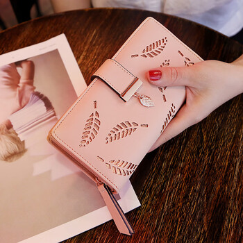 2022 new korean style women's wallet long fashion clutch hollow leaf zipper buckle wallet women's bag pink