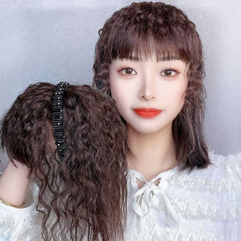 Tangni headband wig bangs wig female one-piece natural curly hair top cover white hair thin forehead full bangs wig piece real hair 3d headband replacement hair piece - curly hair dark brown