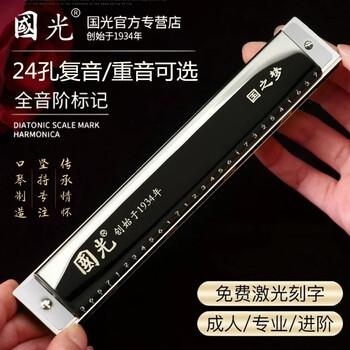 Guoguang 24-hole harmonica polyphonic c-key harmonica advanced imported gongs for adult beginners men and women professional performance-level engraving guozhimeng 24-hole polyphonic c-key black with tone mark recommended for beginners