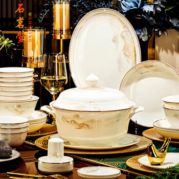 Shimingtang brand light luxury high-end bowl household new jingdezhen tableware set dish set household moving to new home gift dahaoshanhe 62-piece luxury with rich pot 62-piece set