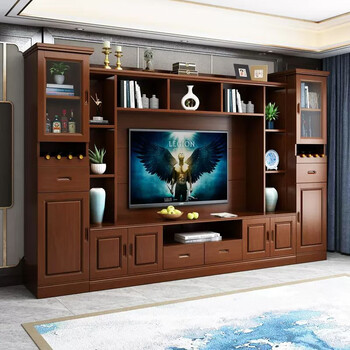 Solid wood tv cabinet integrated wall cabinet modern minimalist living room high cabinet video cabinet multi-functional wine cabinet storage cabinet walnut color 3 meters 2.12 meters high background cabinet