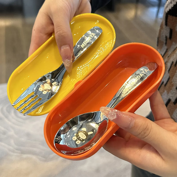 Xu nian portable spoon and fork storage set 316 stainless steel soup spoon and fork cute print children 1 316 happy rabbit fork and spoon set red