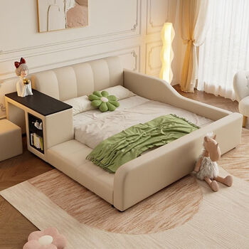 Xianqingyashe leather art bed double bed bedroom modern simple small apartment light luxury cream style storage with guardrail leather bed desk bookshelf bed + tencel latex mattress 1800mm*2000mm frame structure