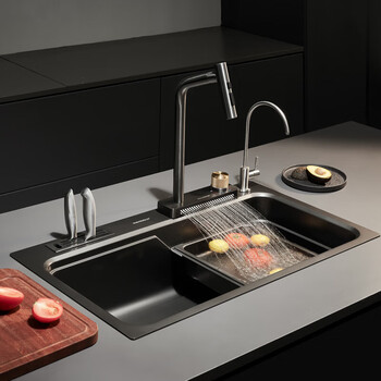 Higold bl2.0 series. stretch single plate matte black nano gray 304 material large single sink dishwashing basin for home use nano gray 920255f sink + waterfall faucet 980194