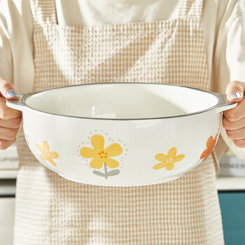 Jialan 10.5-inch double-ear bowl ceramic double-ear soup bowl creative anti-scalding white simple large bowl japanese instant noodle bowl for home use 10.5-inch huayun double-ear soup bowl 1 piece