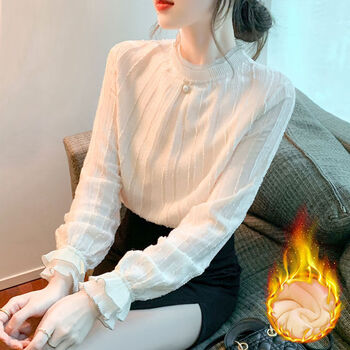 Yuan noga velvet chiffon shirt for women in autumn and winter new style half turtleneck long sleeve stand collar bottoming lace shirt niche inner wear t-shirt apricot warm plus velvet xl recommended 120-135 pounds