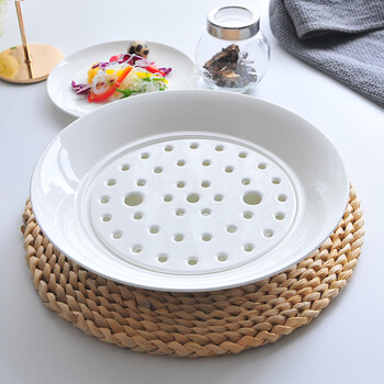 Huige bone china dumpling plate pure white plate double-layer drained fruit plate deep vegetable plate large deepened household ceramic with drawer leaking pure white dumpling plate 1 piece 10 inches