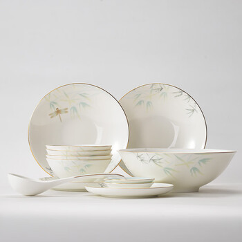 Huaguang national porcelain bone china tableware and dish set housewarming gift tableware set ceramic bowl gift souvenir qingting 12 heads