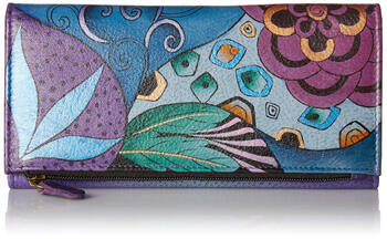 Anna by anuschka women's hand painted genuine leather tri-fold clutch tribal potpourri eggplant single size