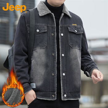 Jeep jeep jacket men's autumn and winter loose velvet warm denim jacket casual clothes men black 3xl
