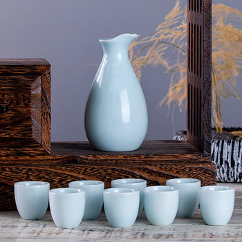 Jiulou pavilion jingdezhen celadon liquor sake wine divider set small wine cup one pot 8 cups round style - pink green 250ml 1 pot 8 cups foam safety packaging