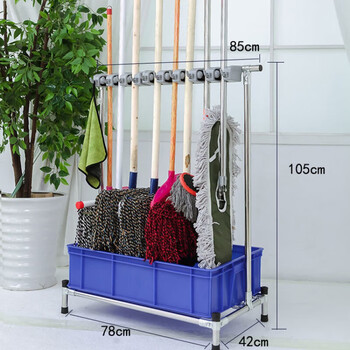 Hook stainless steel mop rack removable broom mop rack storage floor-standing bathroom balcony mop rack plus wheel 5 hanging 6 hook curved plastic basin