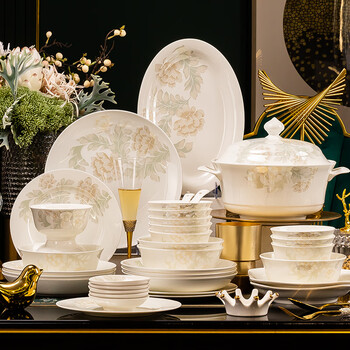 Yanhuai bowl and dish set household tableware complete set of ceramic chinese bowl set housewarming bowls, plates, chopsticks and spoons set for 4-10 people, elegant, 58 pieces for 10 people, luxurious, upgraded with soup pot