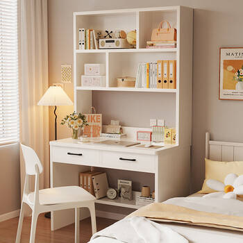 Bailun baihuan solid wood desk bookshelf integrated wall-mounted student study table bedroom desk home small apartment desktop computer table solid wood milk white single table length 90x width 50x height 183cm