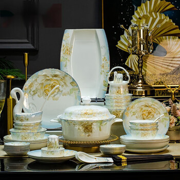 Jingyi pottery bowls, plates, tableware sets, tableware sets, light luxury bowl sets, housewarming gifts, 42 pieces of beauty as if they were immortals