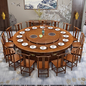 Fengchi new chinese-style hotel electric dining table box for 12-20 people solid wood large round table can be customized for one person and one pot hot pot table 2.8 meters electric single table for 16-18 people