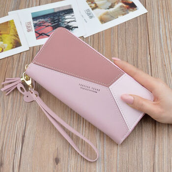 Yizhuchun 2024 new wallet women's long zipper tassel mobile phone bag contrasting color large capacity coin wallet bag a pink