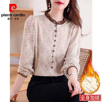 Pierre cardin lace bottoming shirt for women spring and autumn fashion long-sleeved women's 2025 new style foreign style mother autumn inner top picture color plus velvet style l 106-115 catties