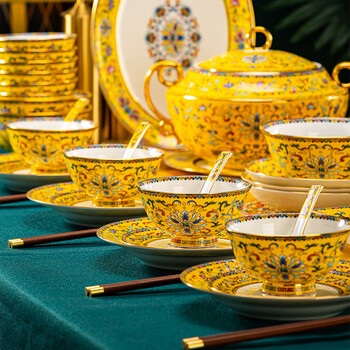 Jingle chinese-style tableware set, palace-style imperial yellow enamel, jingdezhen ceramic tableware, home gift bowls and dishes, high-end hongfu qitian emperor yellow enamel 86-piece set