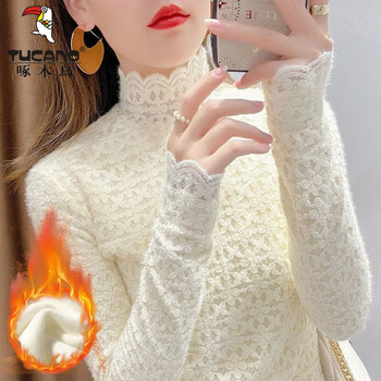 Woodpecker 2024 new autumn and winter plus velvet lace bottoming shirt for women, high collar, slim fit, foreign style, loose and versatile top 4005 plus/velvet style, full body plus/velvet, apricot s (85-99 pounds)