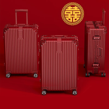 Uldum red suitcase aluminum frame travel wedding celebration small trolley female universal dowry leather suitcase large capacity happy red 24 inches