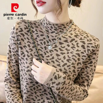 Pierre cardin german velvet half-turtle collar bottoming shirt for women autumn and winter 2025 new printed temperament slim warm t-shirt with inner top trendy khaki leopard print m recommended 100-115 pounds