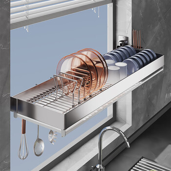 Jucode kitchen sink storage rack 304 stainless steel dish drain rack window sill wall-mounted bowl and chopsticks sink storage rack single layer dish rack - pole length 90cm - support wall installation nail-free drilling dual use - support wall installation