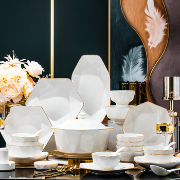 Yichen jingdezhen underglaze color ceramics 2024 new bowls, plates and tableware complete household light luxury bone china set gold-rimmed diamond-finished soup pot 56-piece set