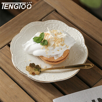 Tengtoo european-style white gold-rimmed plate ins style lace dessert plate dessert plate embossed ceramic tableware lace round plate (small size cannot be used as a plate) 6 inches