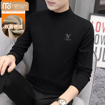 Modal autumn and winter men's half turtleneck long-sleeved t-shirt german velvet plus velvet thickened warm base shirt underwear mid-collar top 320 black upgraded double-sided warm german velvet m weight 105-120 pounds slim fit