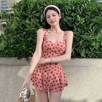 Modal swimsuit women's retro polka-dot conservative one-piece skirt style belly-covering slimming french fairy beach vacation hot spring swimsuit