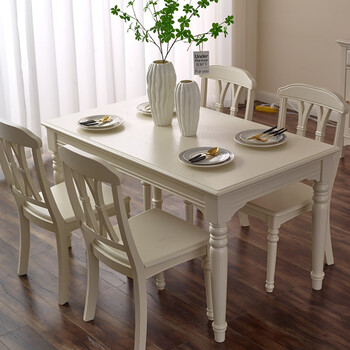 Shuneng american light luxury country pastoral cream style all solid wood dining table for home small apartment rectangular dining table and chairs combination 1.5 meters dining table + 901 dining chairs * 6 milk white
