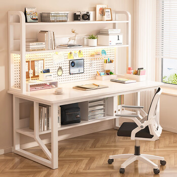 Dream fox computer desk with bookshelf, study room, home bedroom desk, modern minimalist desk and bookcase combination with perforated board, warm white 140cm