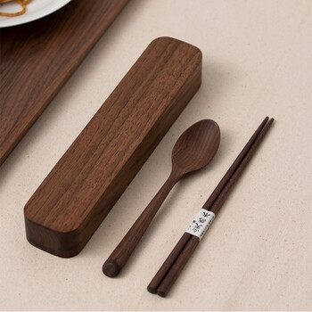 Cup language japanese walnut wooden portable tableware storage box empty box set outdoor one-person food single-person chopsticks and spoons three pieces chopsticks and spoon sets