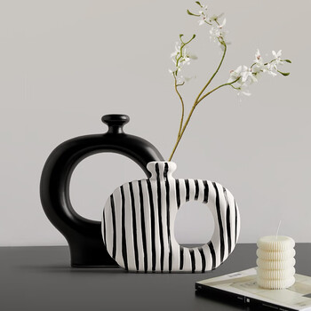 Bhm wabi-sabi style black and white striped vase ornaments living room tv cabinet desktop simple ceramic flower ornaments high-end black and white set (excluding flowers)